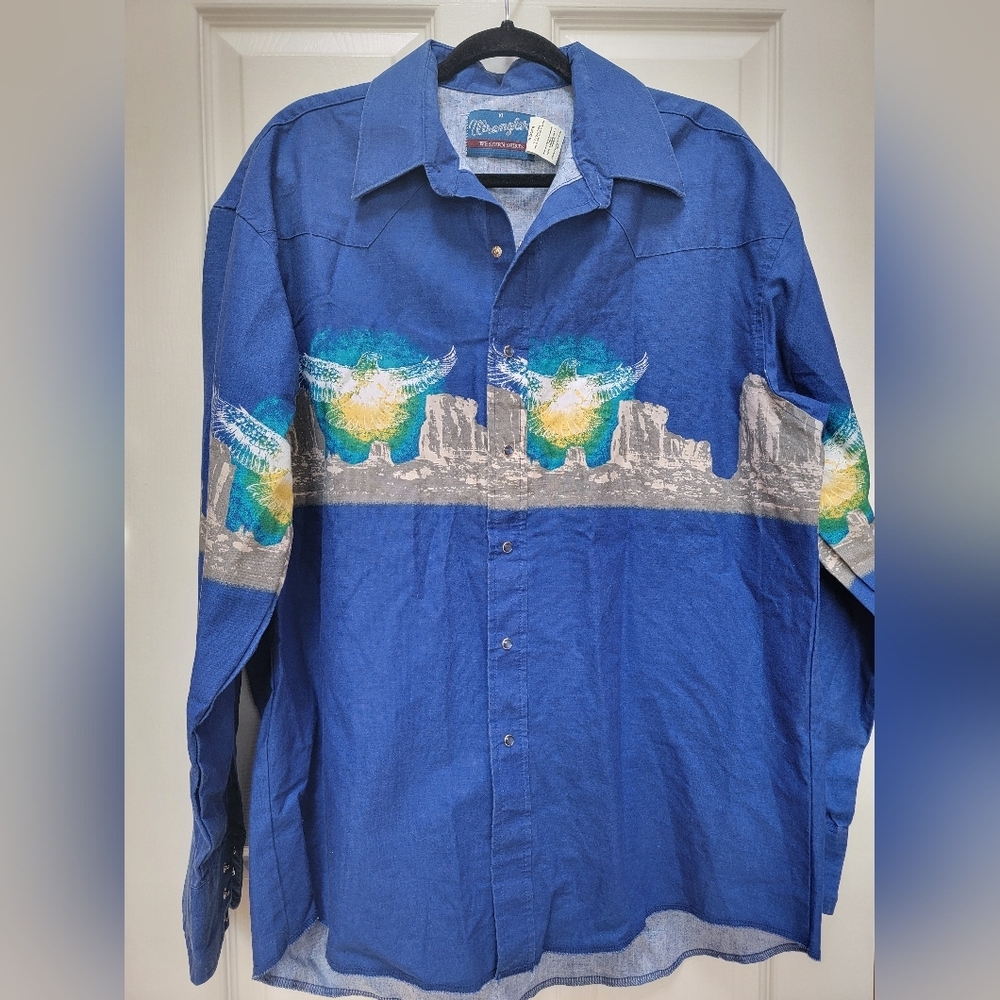 Wrangler Western Mens Pearl Snap Blue Graphic Men's Long Shirt Size XL